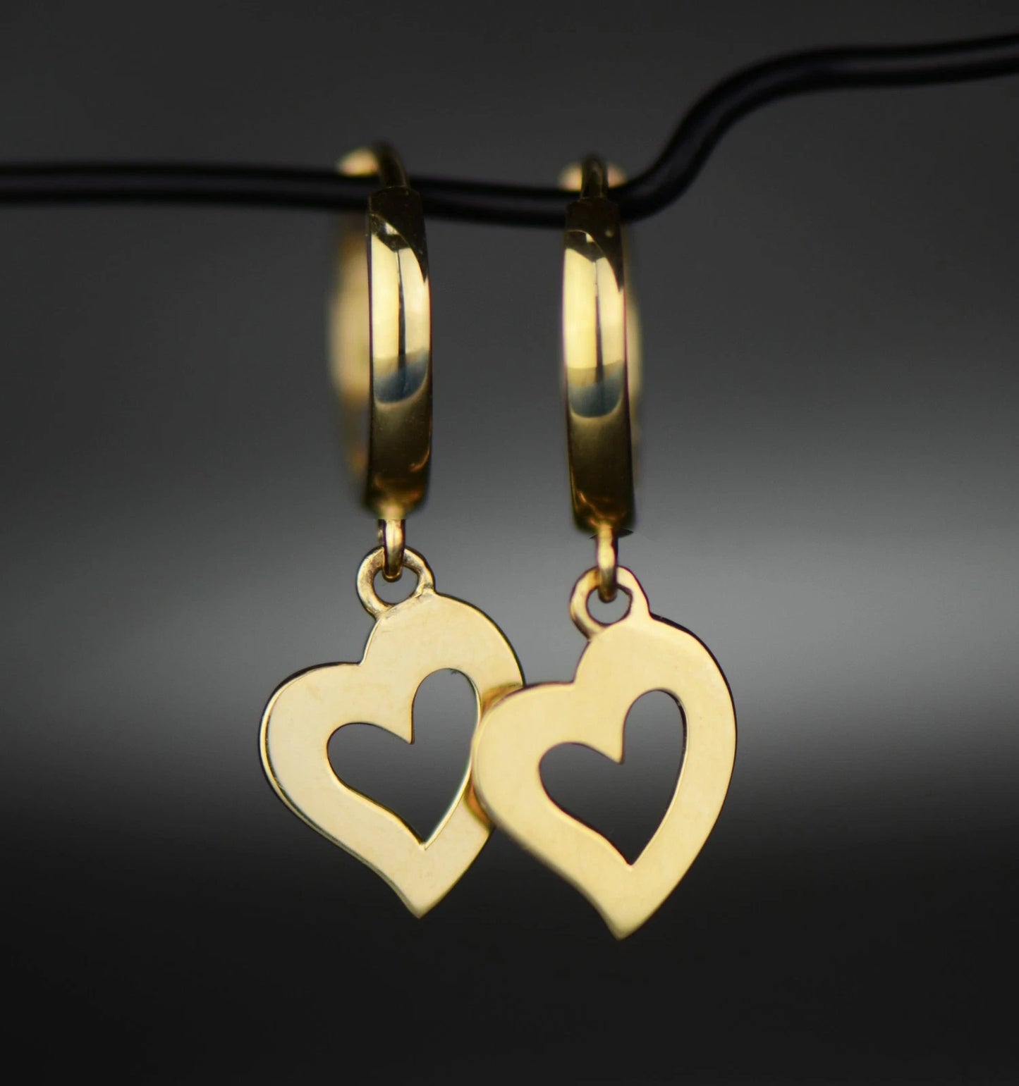 14k Yellow / White Gold Dangle Open Heart Huggie Earrings