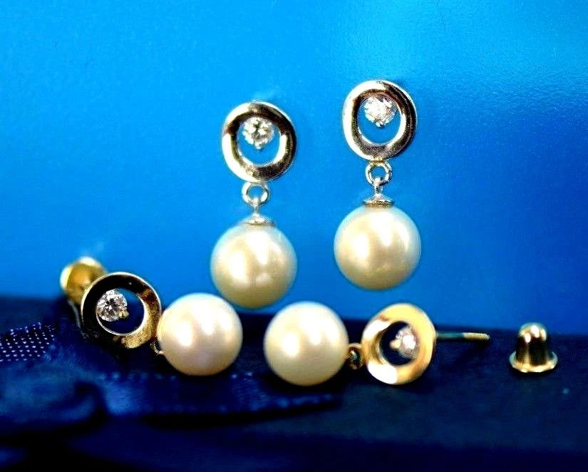 14K Yellow and White Gold Genuine Pearl CZ Stud Earring