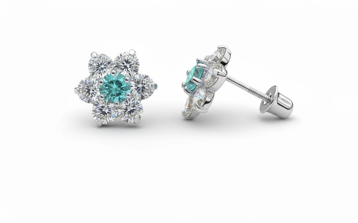 14k White Gold Beautiful Flower Shaped Stud Screw Back Earrings for Women
