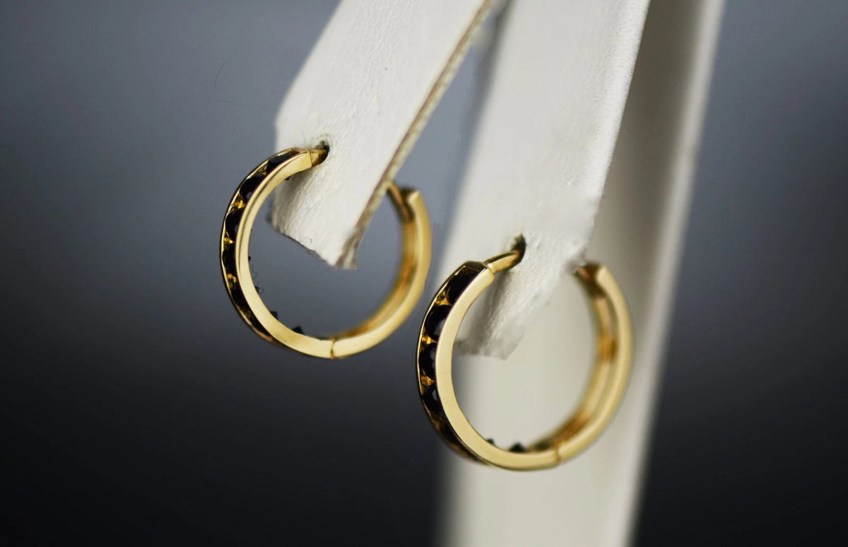 14k Yellow and White Gold Black Huggie Hoop Earrings