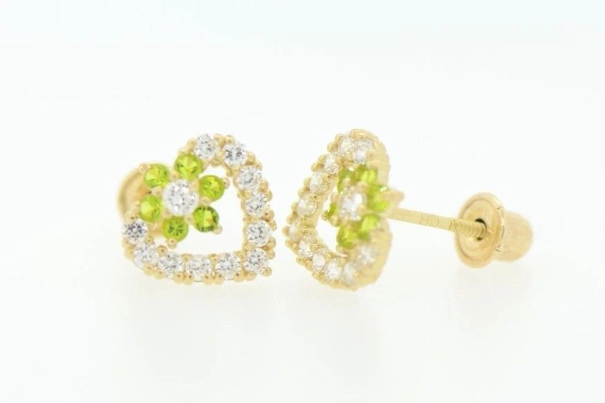 14K Yellow Gold Stud Heart Shape CZ Stud Earrings