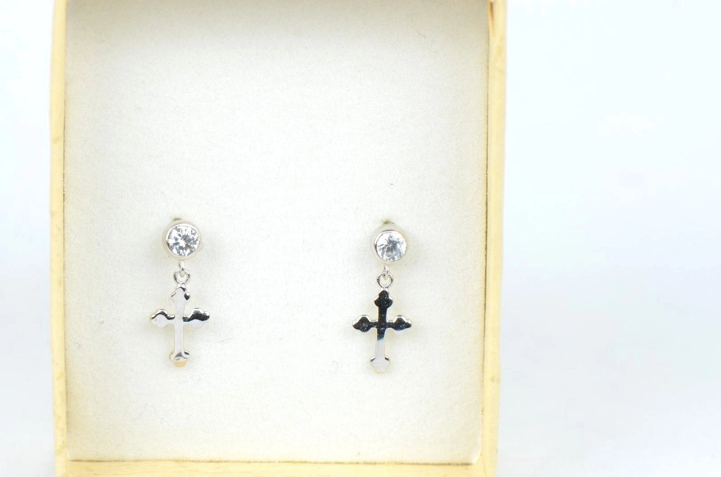 14K Yellow White Gold Cubic Zirconia CZ Cross Dangle Earrings