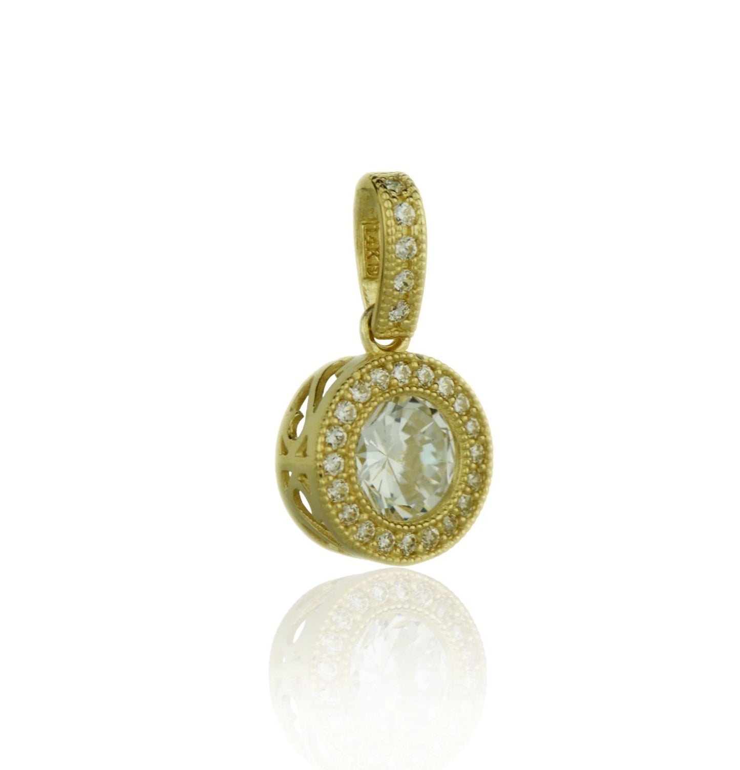 14k Yellow Gold CZ Halo Round Pendant