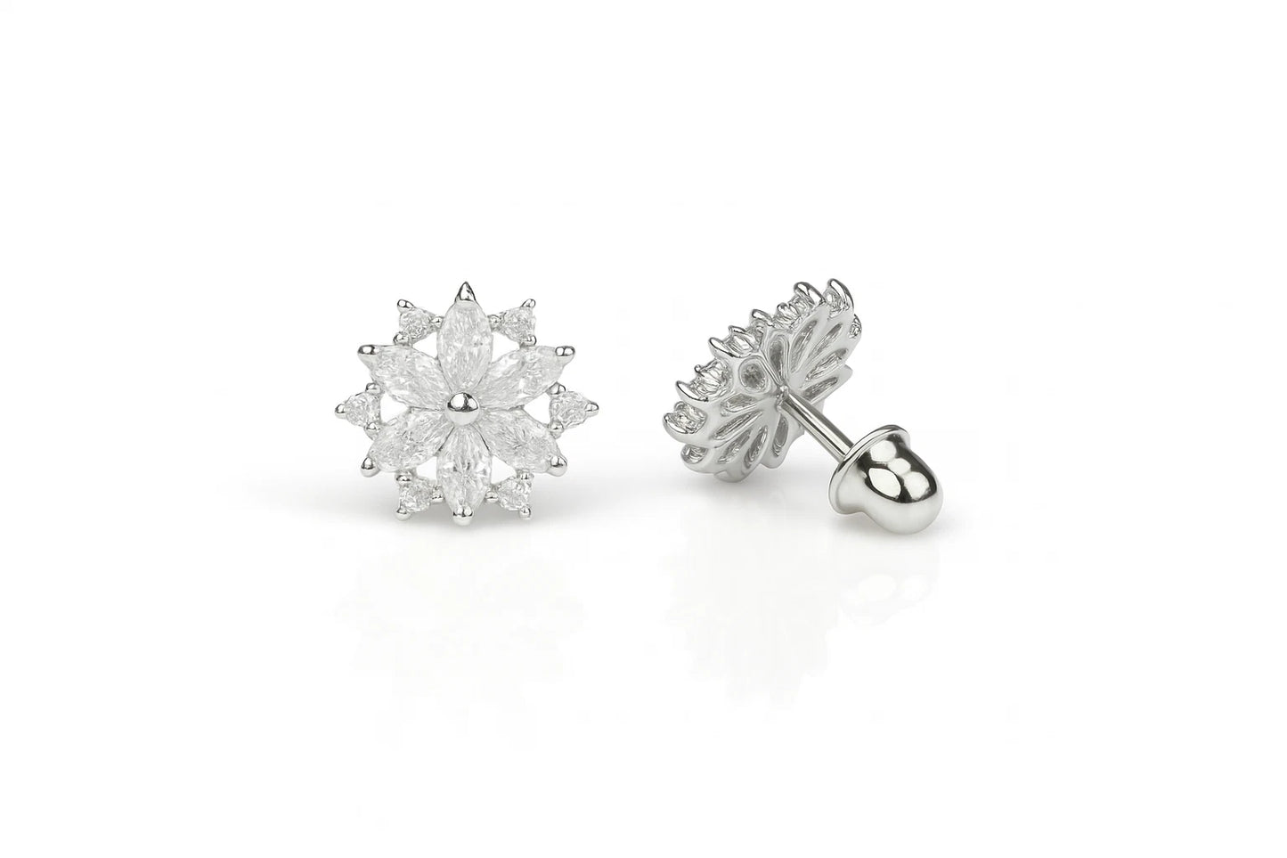 14K White Gold Beautiful CZ Flower Stud Earrings for Women