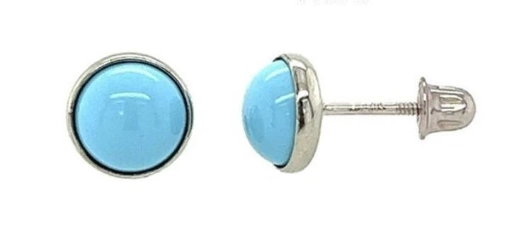 14K White Gold Turquoise/Onyx/Coral Screw Back Solitaire Stud Earrings