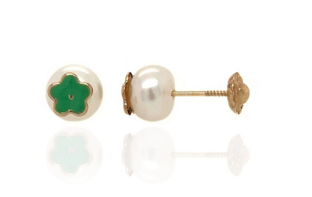 14k Yellow Gold Enamel Flower With Genuine Pearl Screw Back Stud Earrings