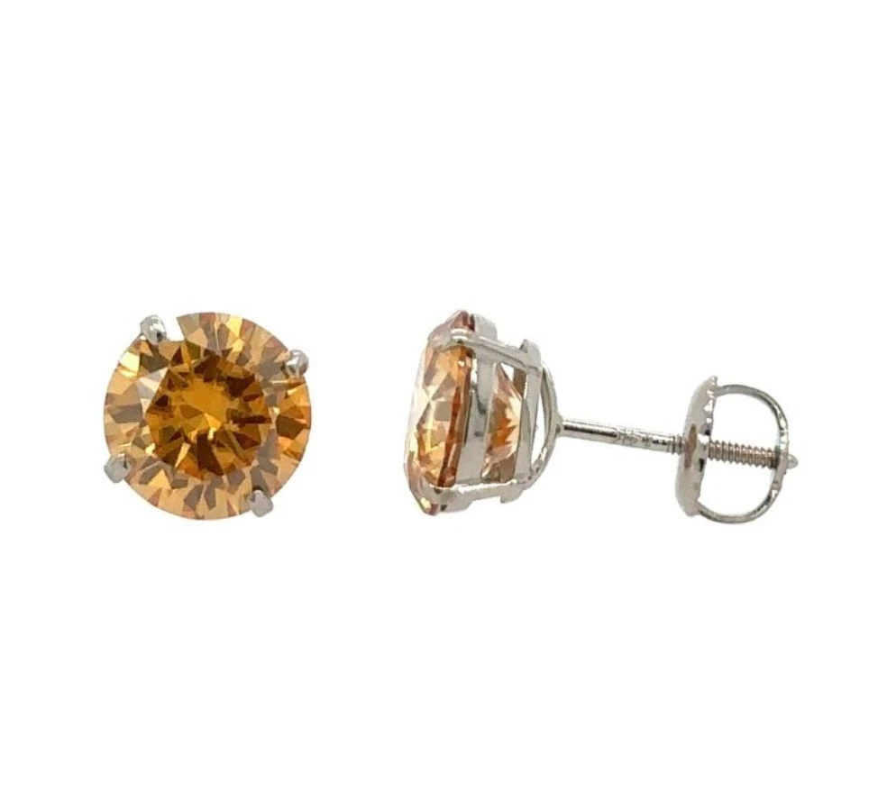 14K Gold GRA Certified D-VVS1 Round Champagne Moissanite Screw Back Studs Earrings