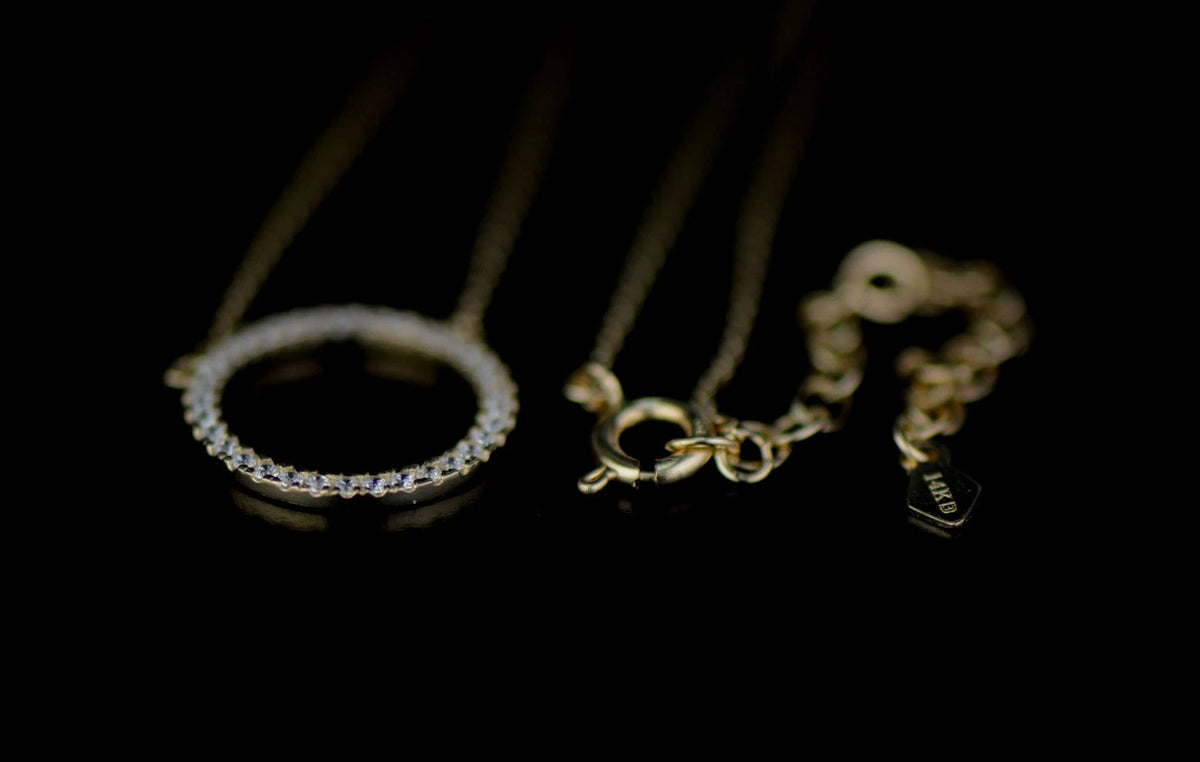 14K Yellow Gold CZ Circle Necklace Cable Chain