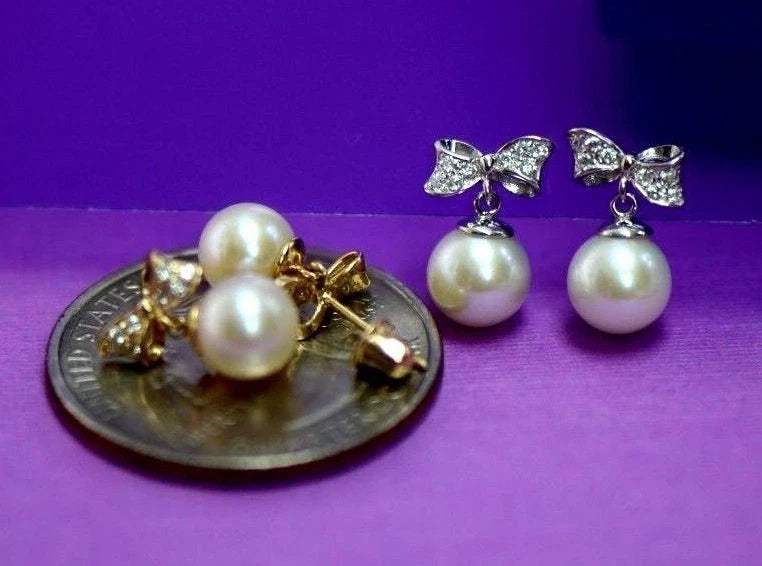 14k yellow white gold bow tie pearl cz stud earring freshwater