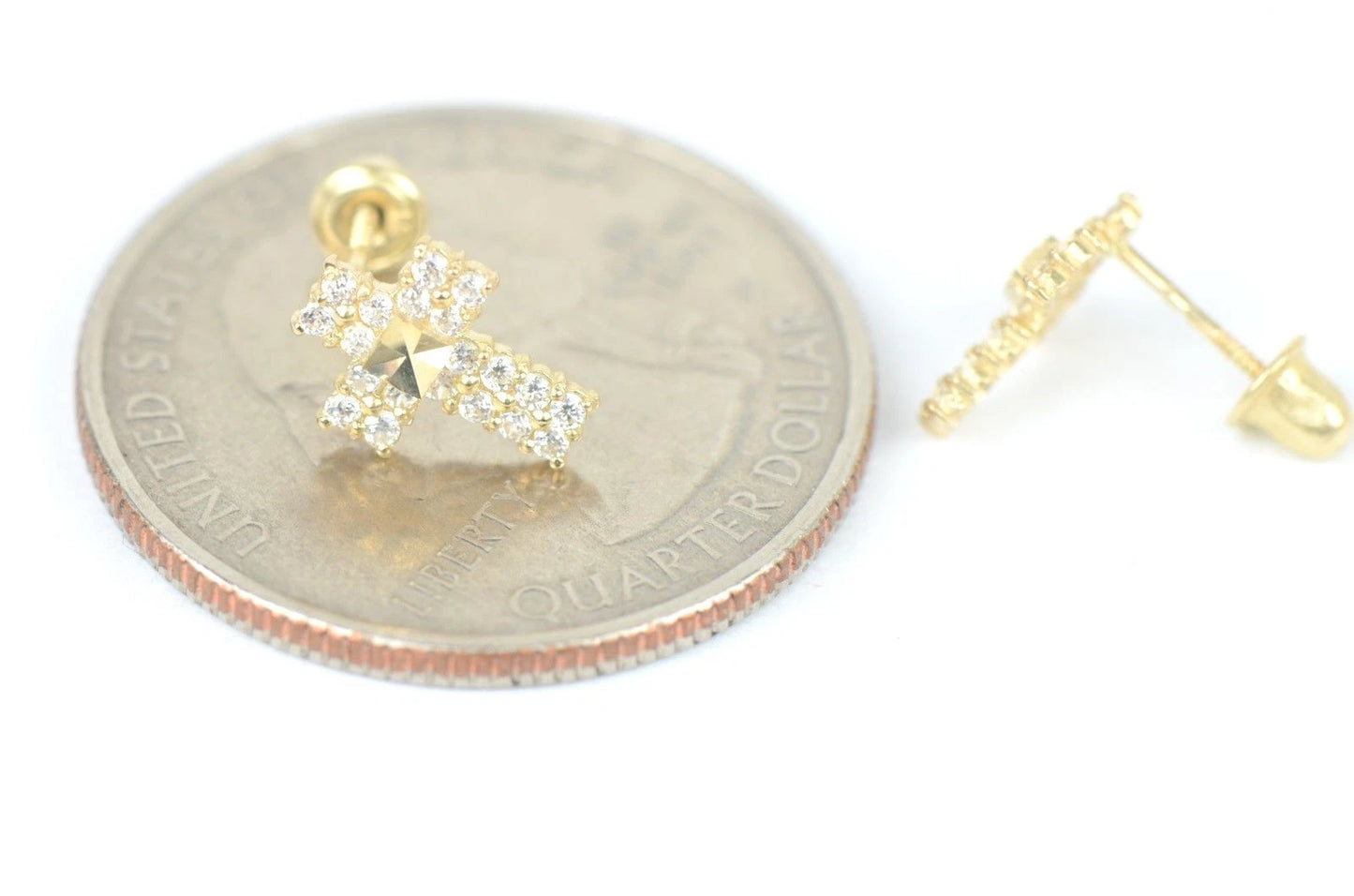 14K Yellow or White Gold CZ Cross Earring