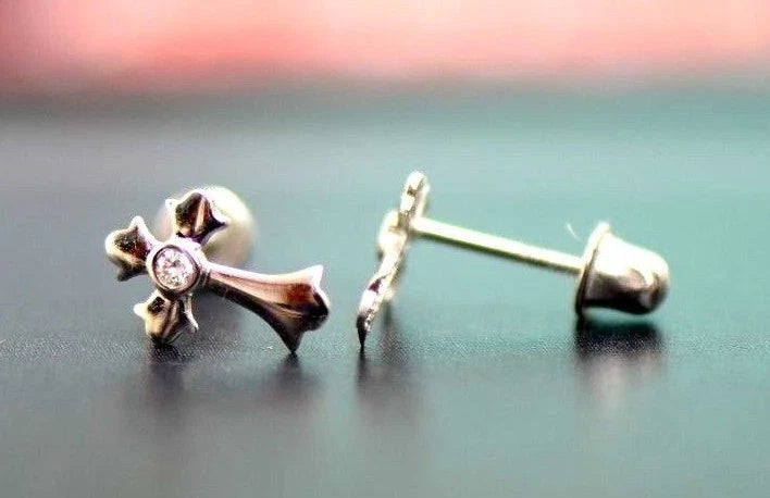 14K White Yellow Gold Cross CZ Earrings