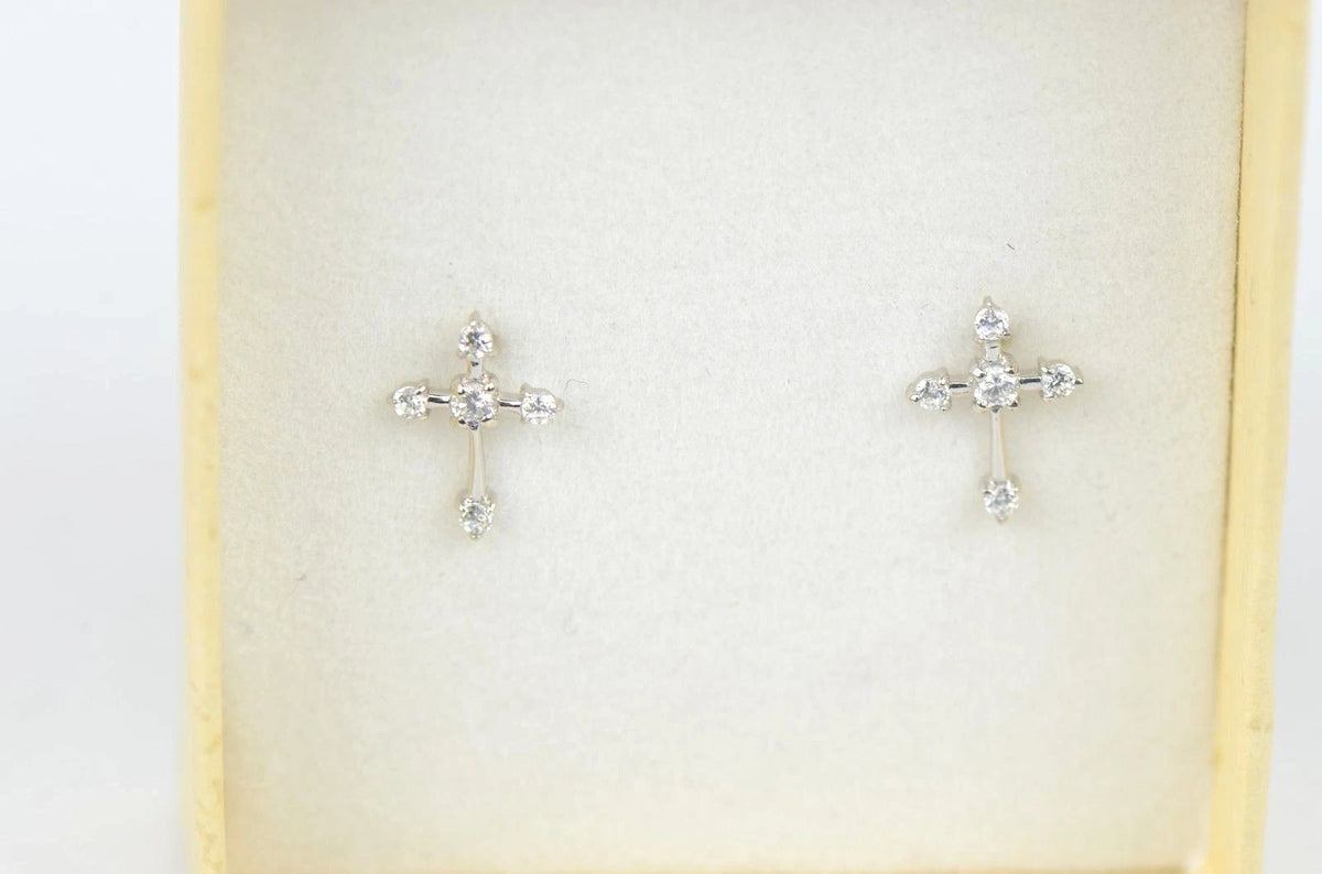 14K Yellow White Gold Cubic Zirconia CZ Cross Earrings