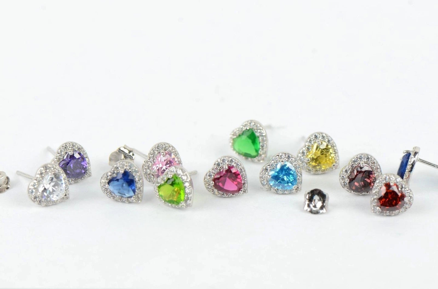 14k Solid White Gold Halo Heart Stud Earrings