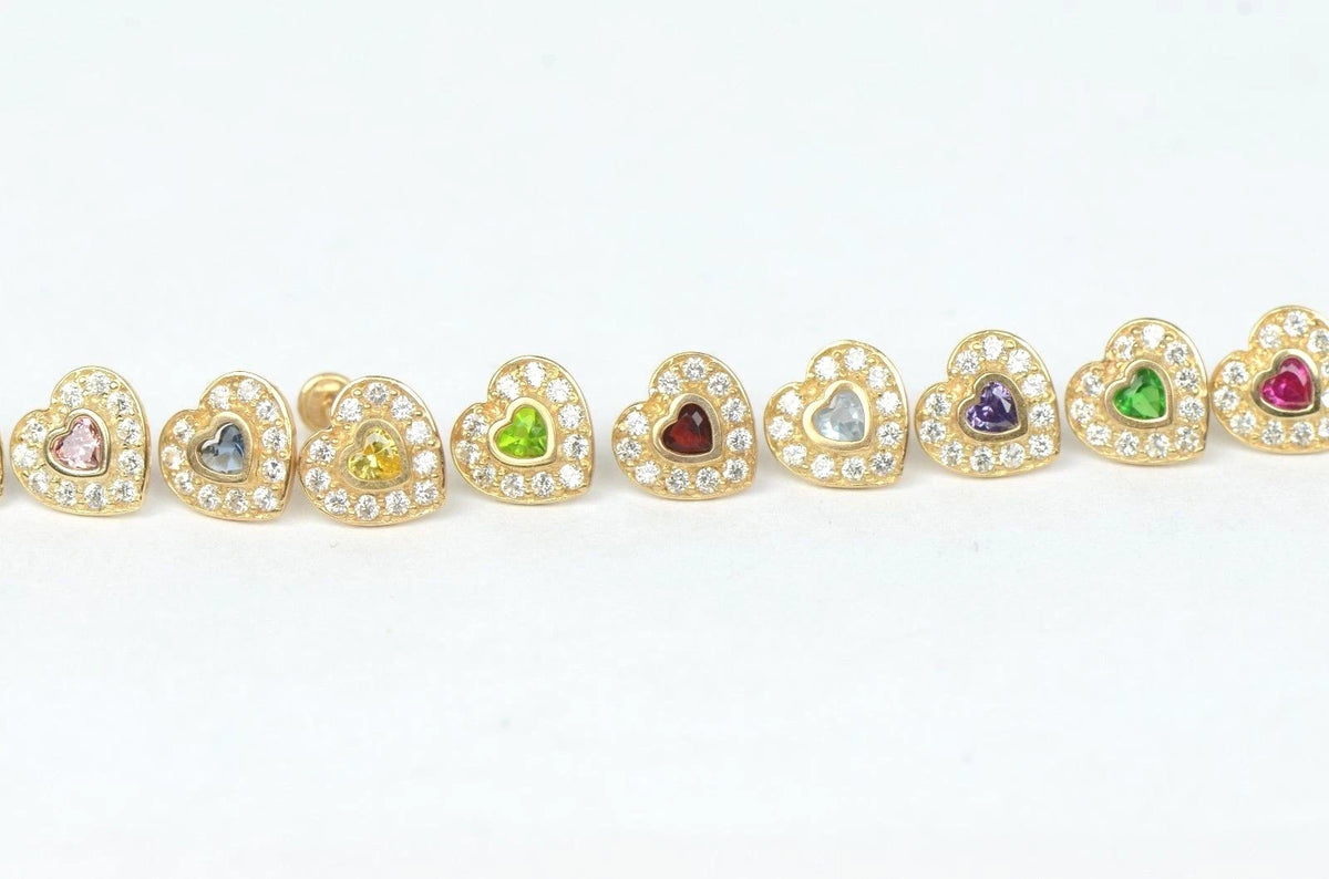 14K Yellow Gold Birthstone Heart with CZ Stud Earrings Screw Back