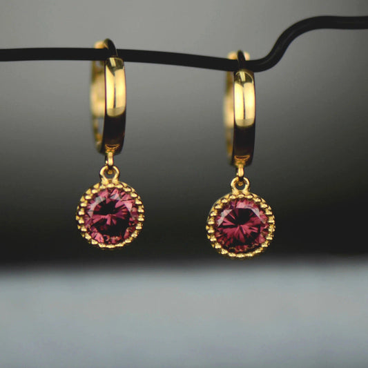 14k Yellow Gold Dangle Round Birthstone Huggie Earrings