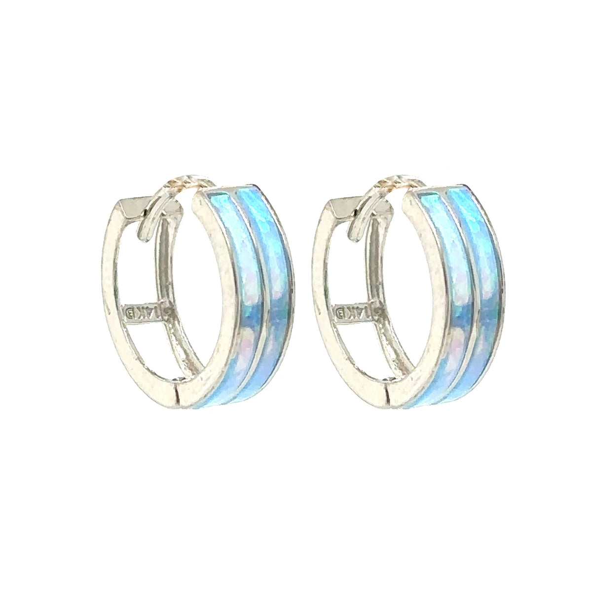 14k Yellow/White Gold Double Row Light Blue Opal Huggie Hoop Earrings