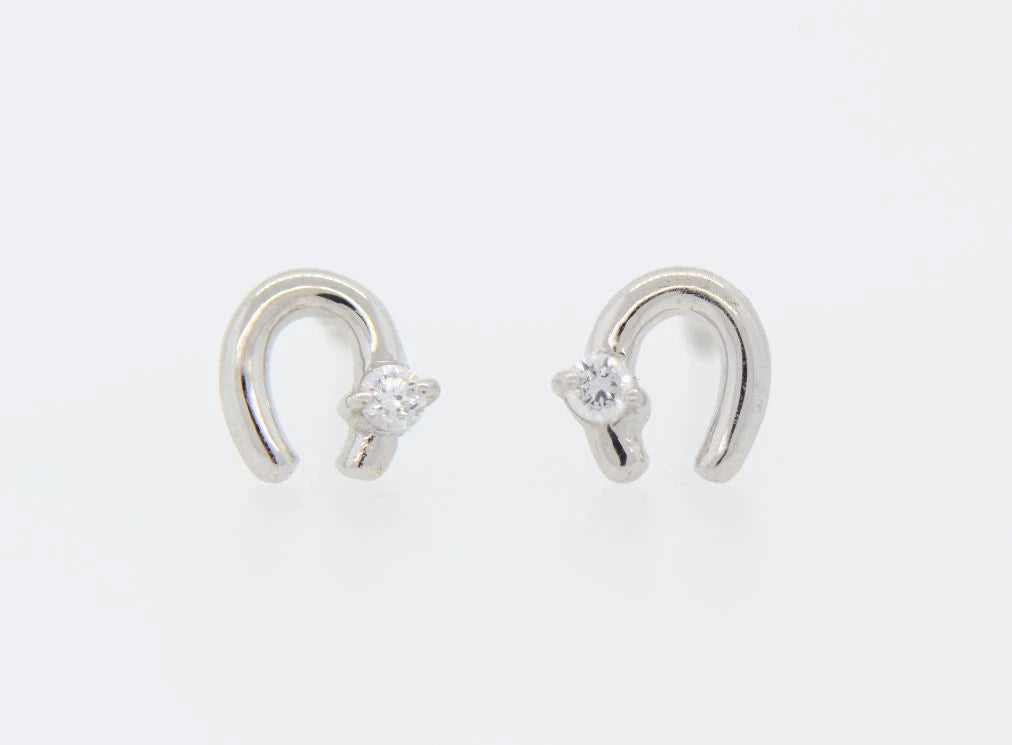 14k Solid Yellow or White Gold Horse Shoe Screw Back Stud Earrings with CZ