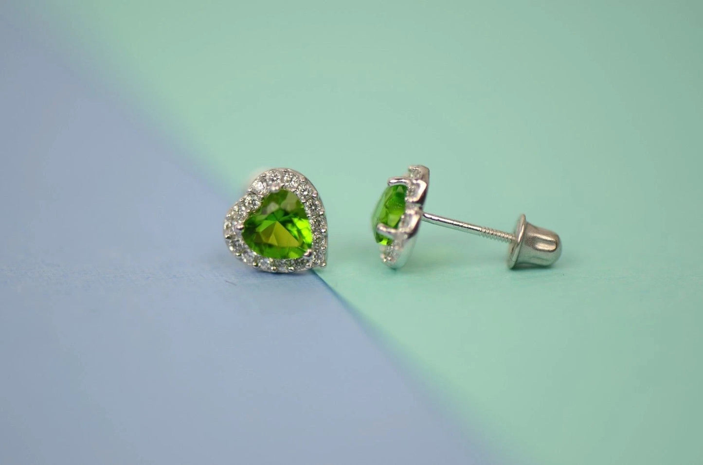 14K White Gold Halo Heart CZ Stud Earrings Screw Back
