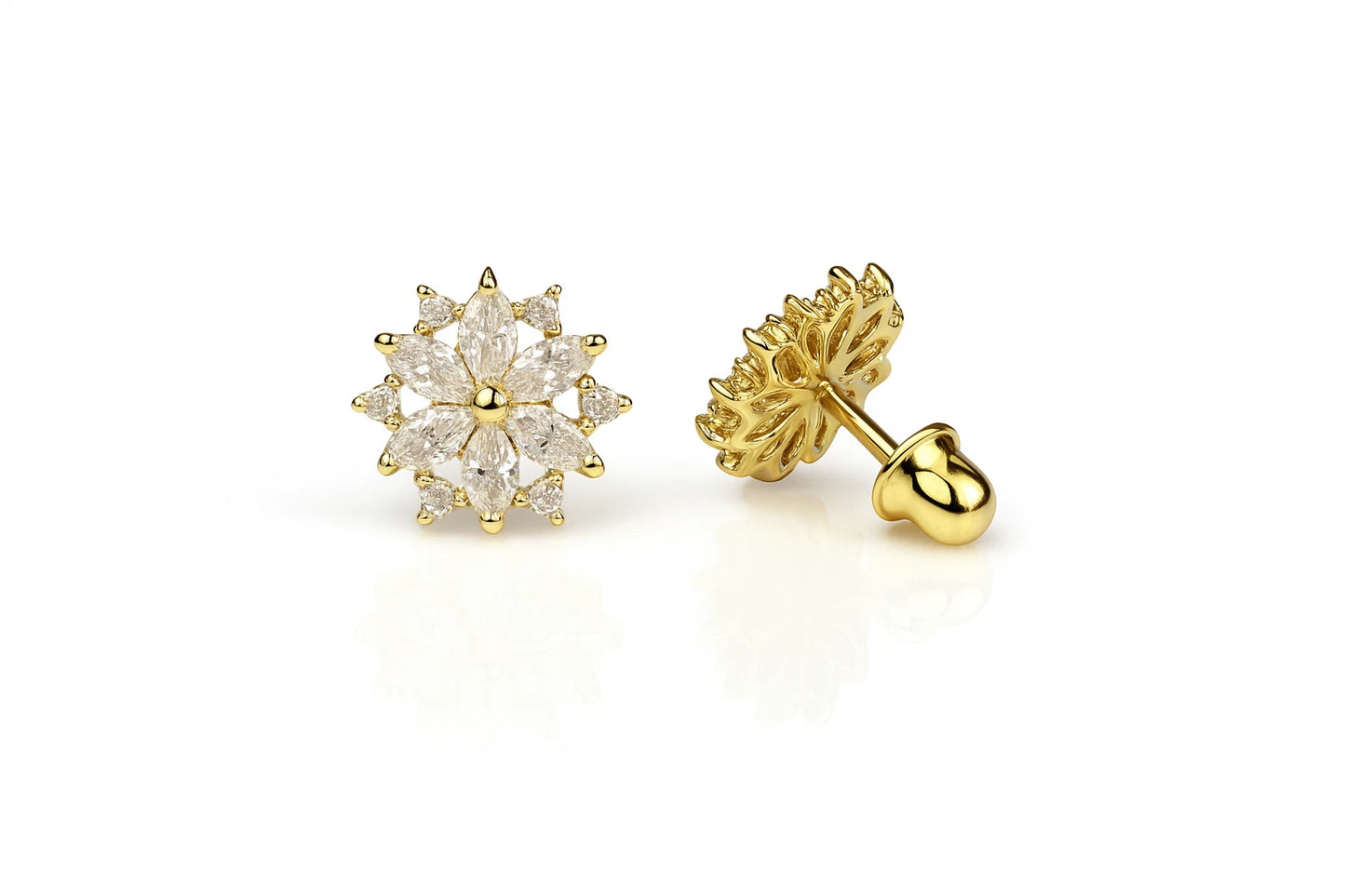 14K Yellow Gold Beautiful CZ Flower Stud Earrings for Women