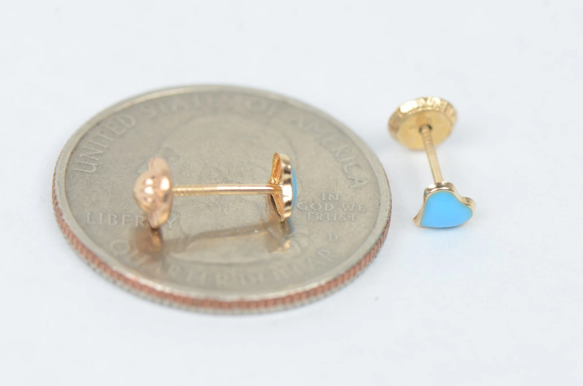 14K Yellow Gold Enamel Heart Baby Stud Earring, Screw back