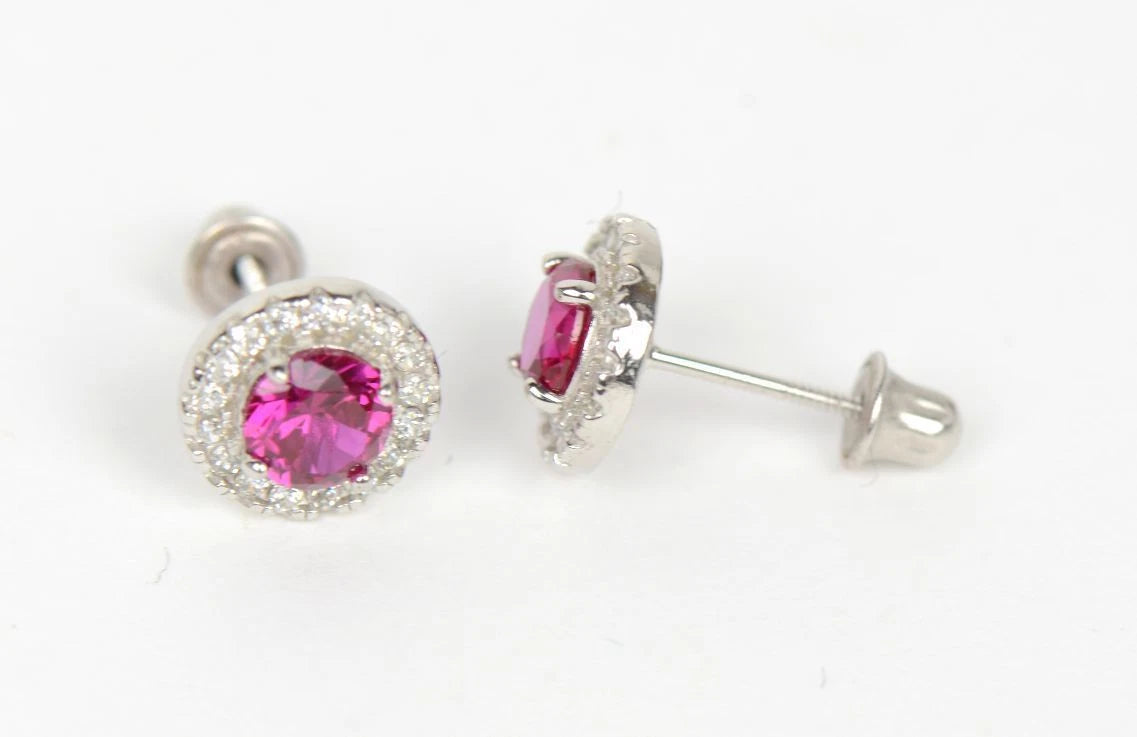 14K Solid White Gold Halo Stud CZ Screw Back Earrings