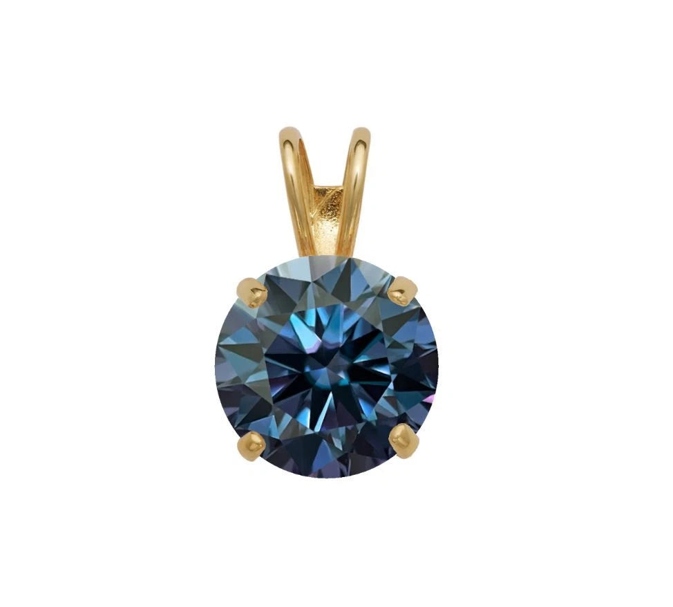 14K Gold GRA Certified D-VVS1 Round Blue Moissanite Pendant