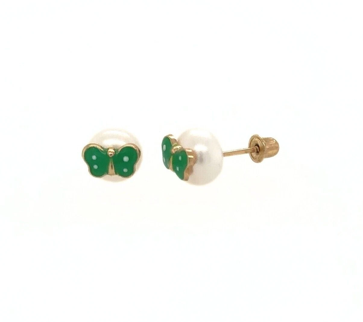 14k Yellow Gold Enamel Butterfly With Genuine Pearl Screw Back Stud Earrings