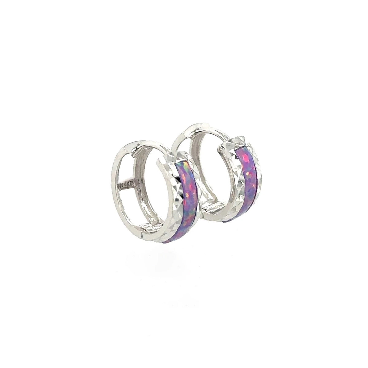 14k White Gold Purple Opal Huggie Hoop Earrings
