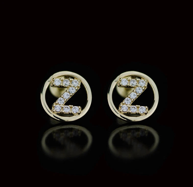 14k Yellow or White Gold Round Initial Letters CZ Stud Earrings