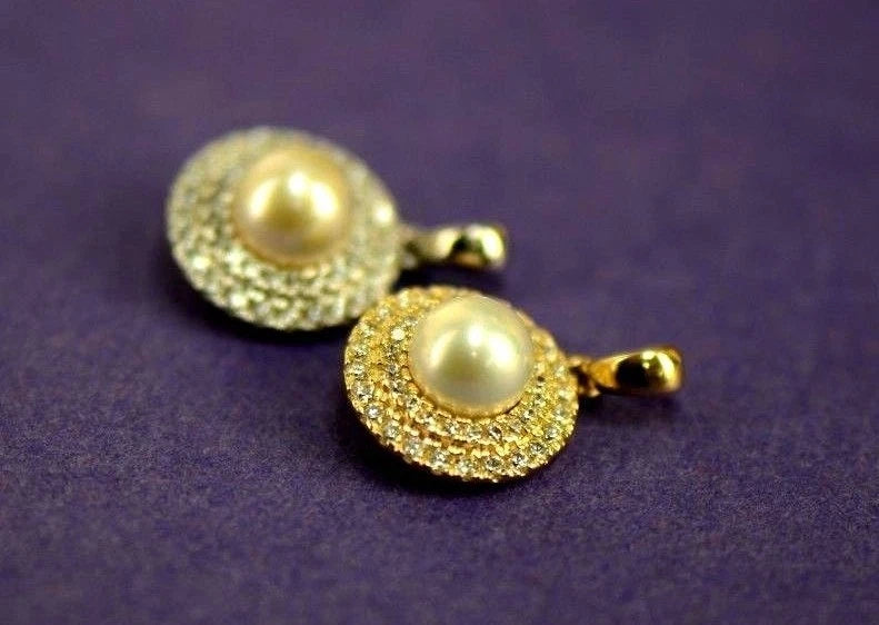 14K Yellow or White Gold Round Genuine Pearl CZ Pendant