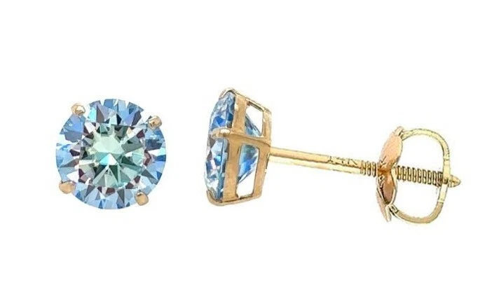 Gold 14K GRA Certified D-VVS1 Ocean Blue Moissanite Screw Back Studs Earrings