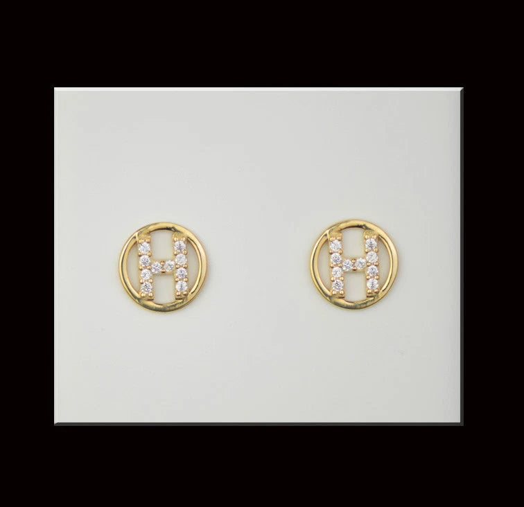 14k Yellow or White Gold Round Initial Letters CZ Stud Earrings
