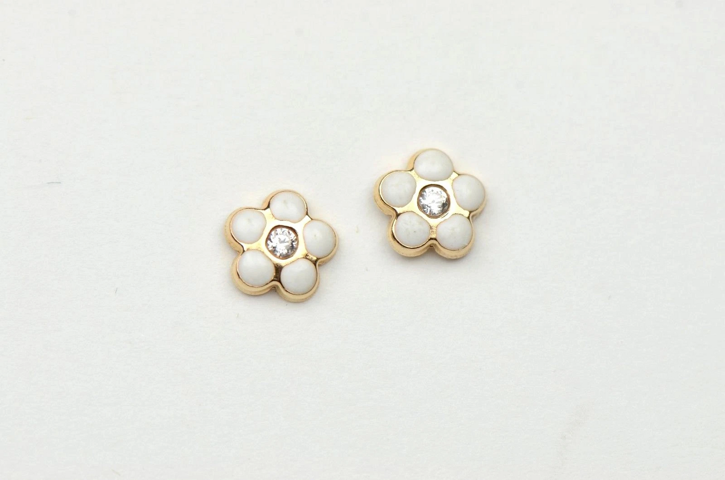 14k Yellow Gold Baby Enamel and CZ Flower earrings, Screw Back
