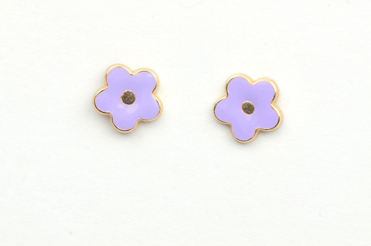 14k Yellow Gold Enamel Flower Baby earrings with Screw Back