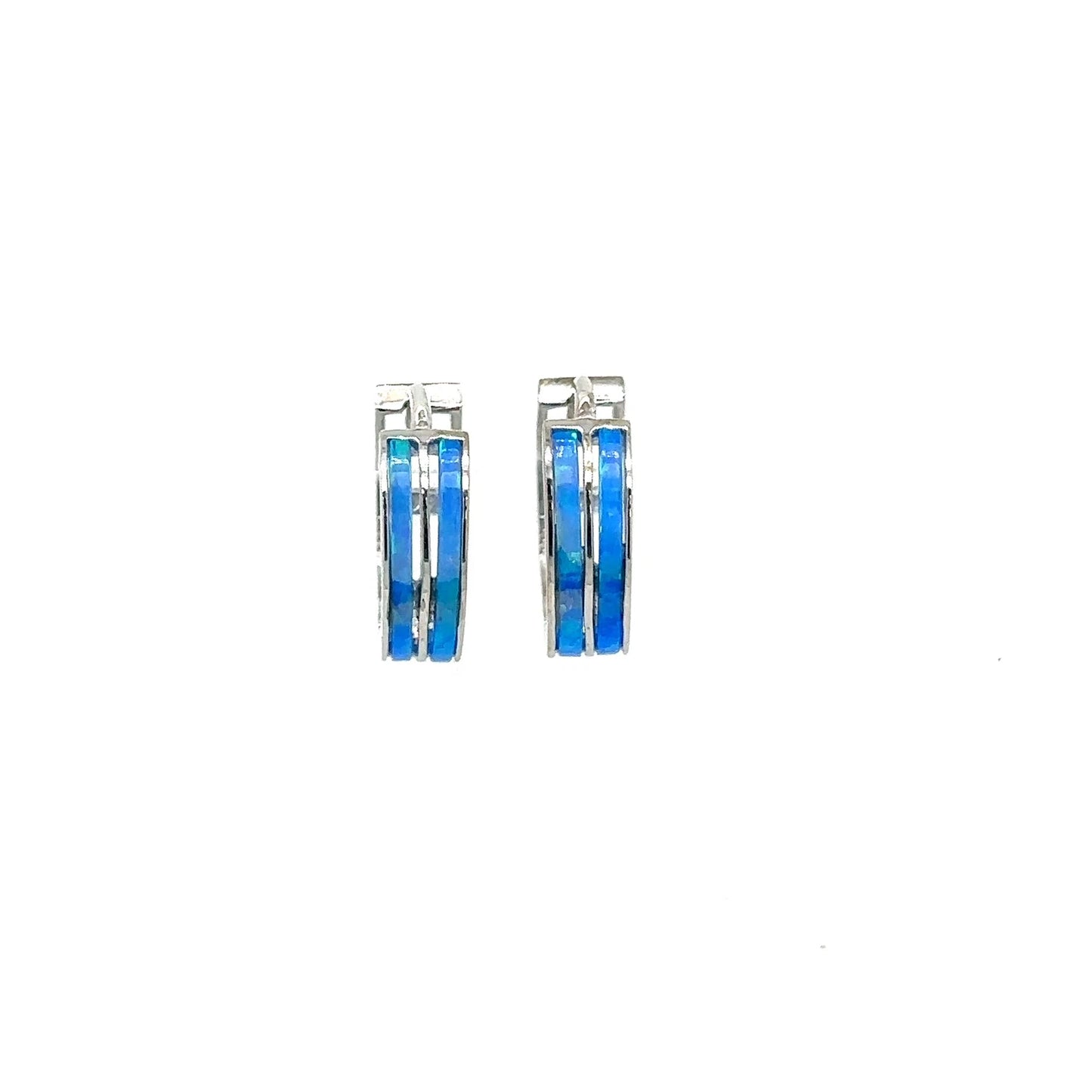14k White Gold Double Row Dark Blue Opal Huggie Hoop Earrings