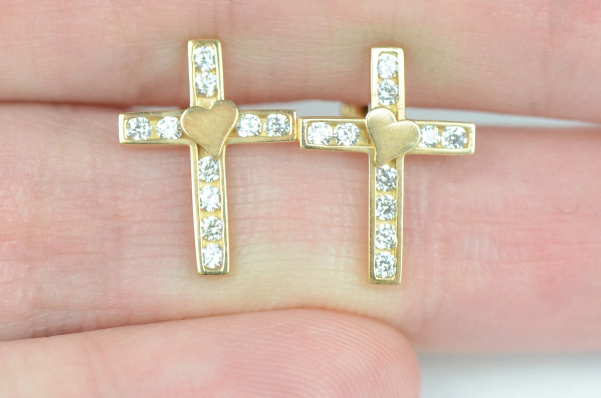 14K Yellow or White Gold Heart CZ Cross Earrings