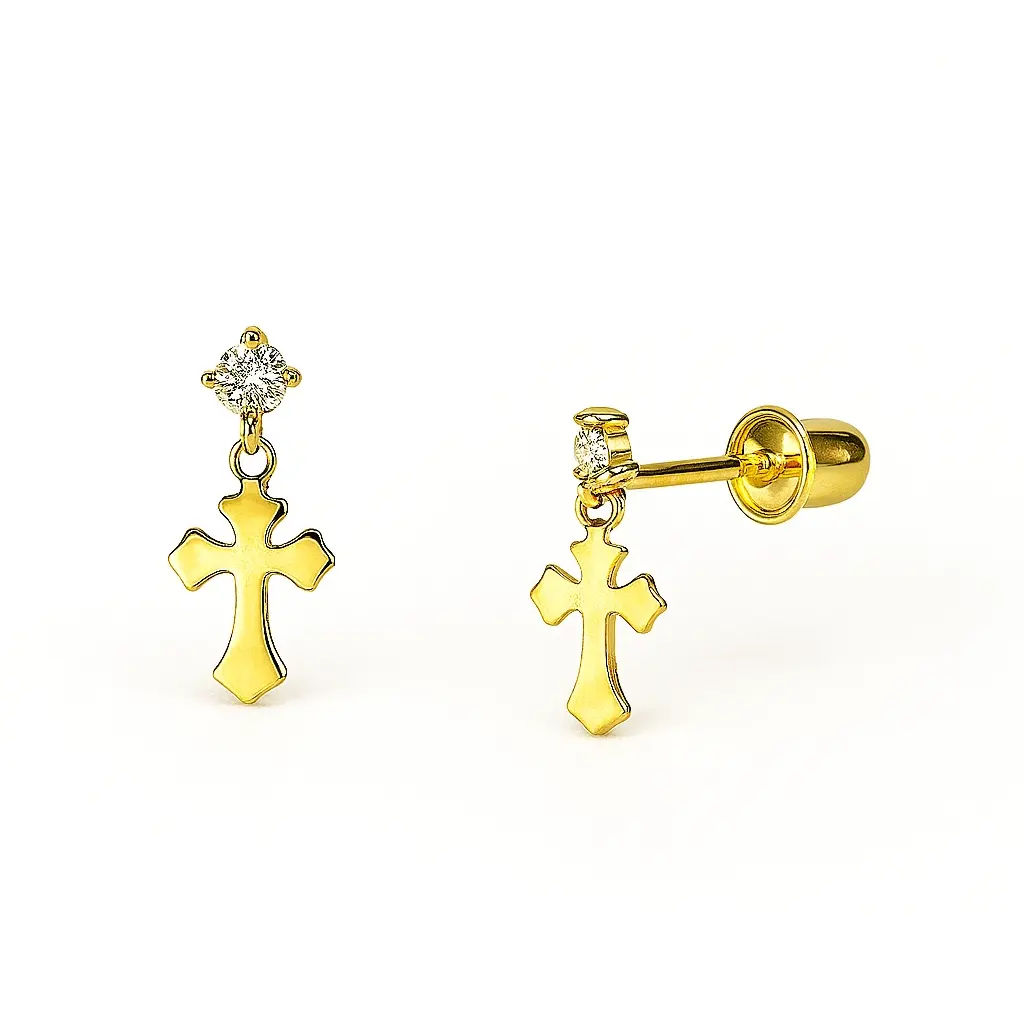 14K Yellow Gold Religious CZ Cross Stud Screw Back Earrings for Girls Womens