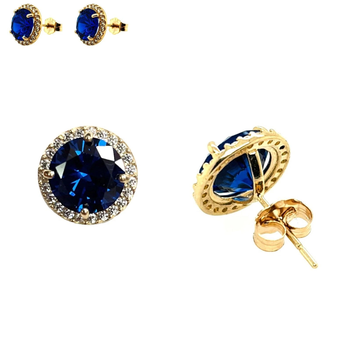 14K Solid Yellow Gold Halo Stud Push Back Sapphire Earrings