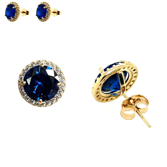 14K Solid Yellow Gold Halo Stud Push Back Sapphire Earrings