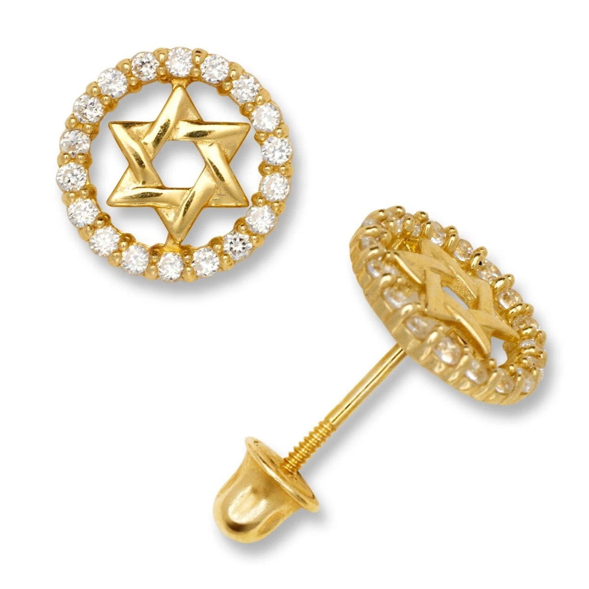 14K Yellow & White Gold Jewish Star Stud Screw Back Earrings for Women
