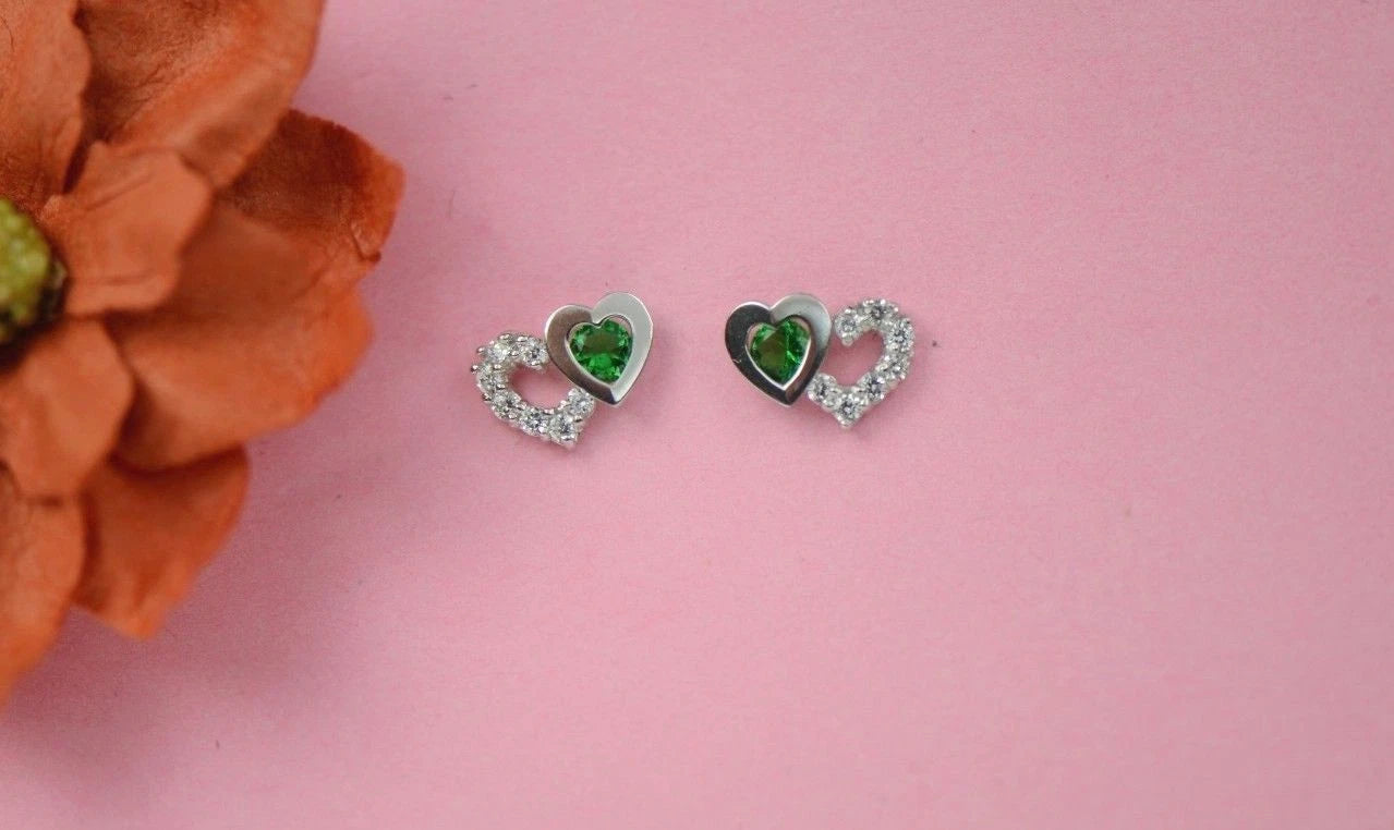 14K White Gold Double Heart Earrings