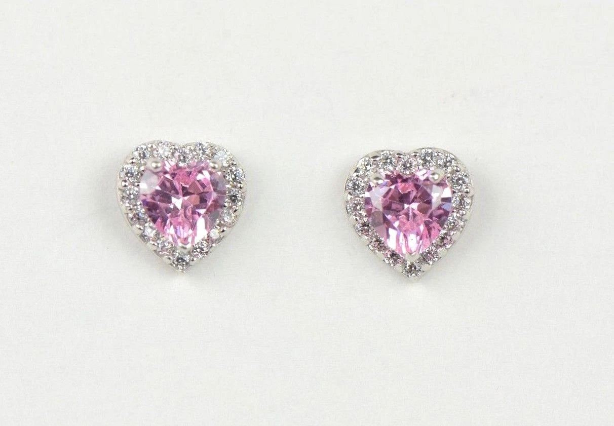 14k Solid White Gold Halo Heart Stud Earrings