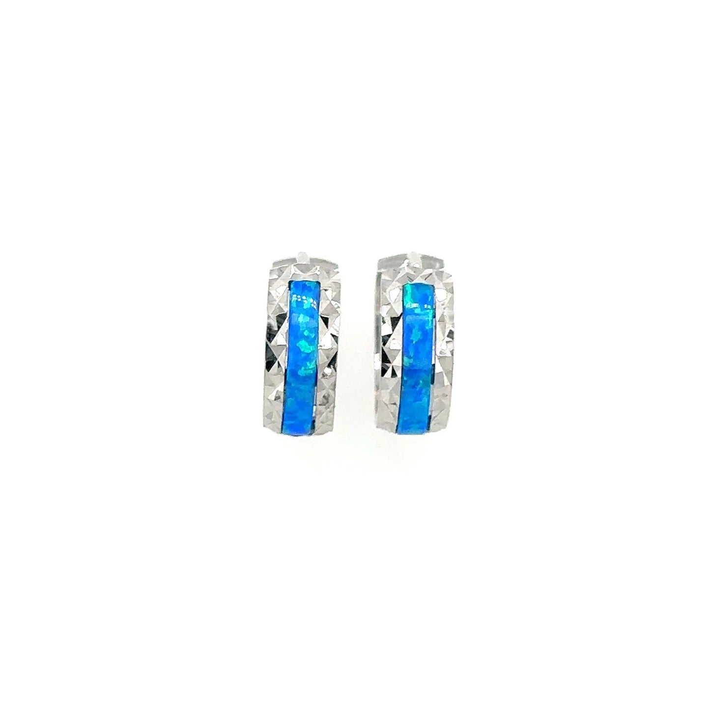 14k White Gold Dark Blue Opal Huggie Hoop Earrings