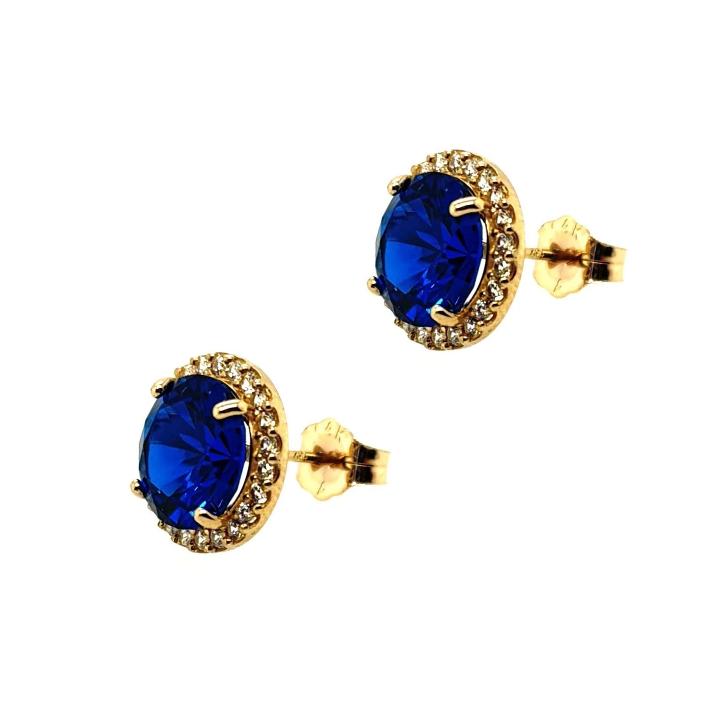 14K Solid Yellow Gold Halo Stud Push Back Sapphire Earrings