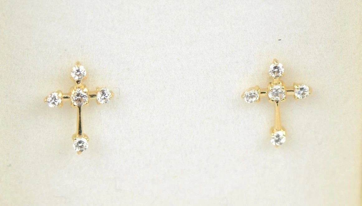 14K Yellow White Gold Cubic Zirconia CZ Cross Earrings