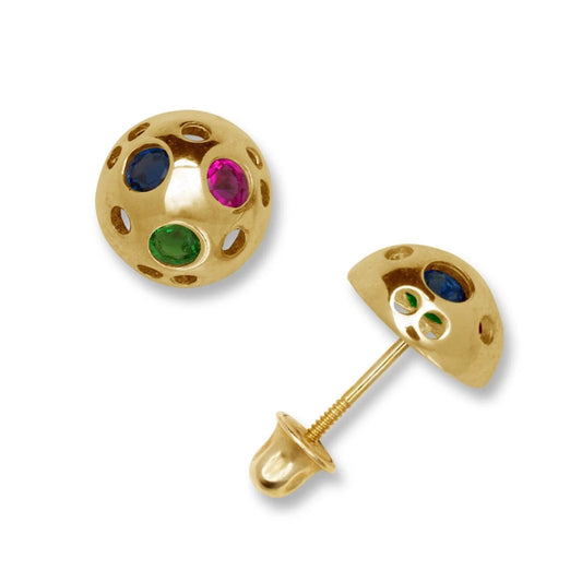 14K Yellow & White Gold Half Ball Shaped Ruby Emerald & Sapphire Stud Earrings