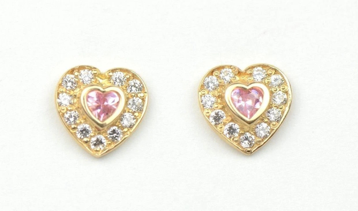 14K Yellow Gold Birthstone Heart with CZ Stud Earrings Screw Back