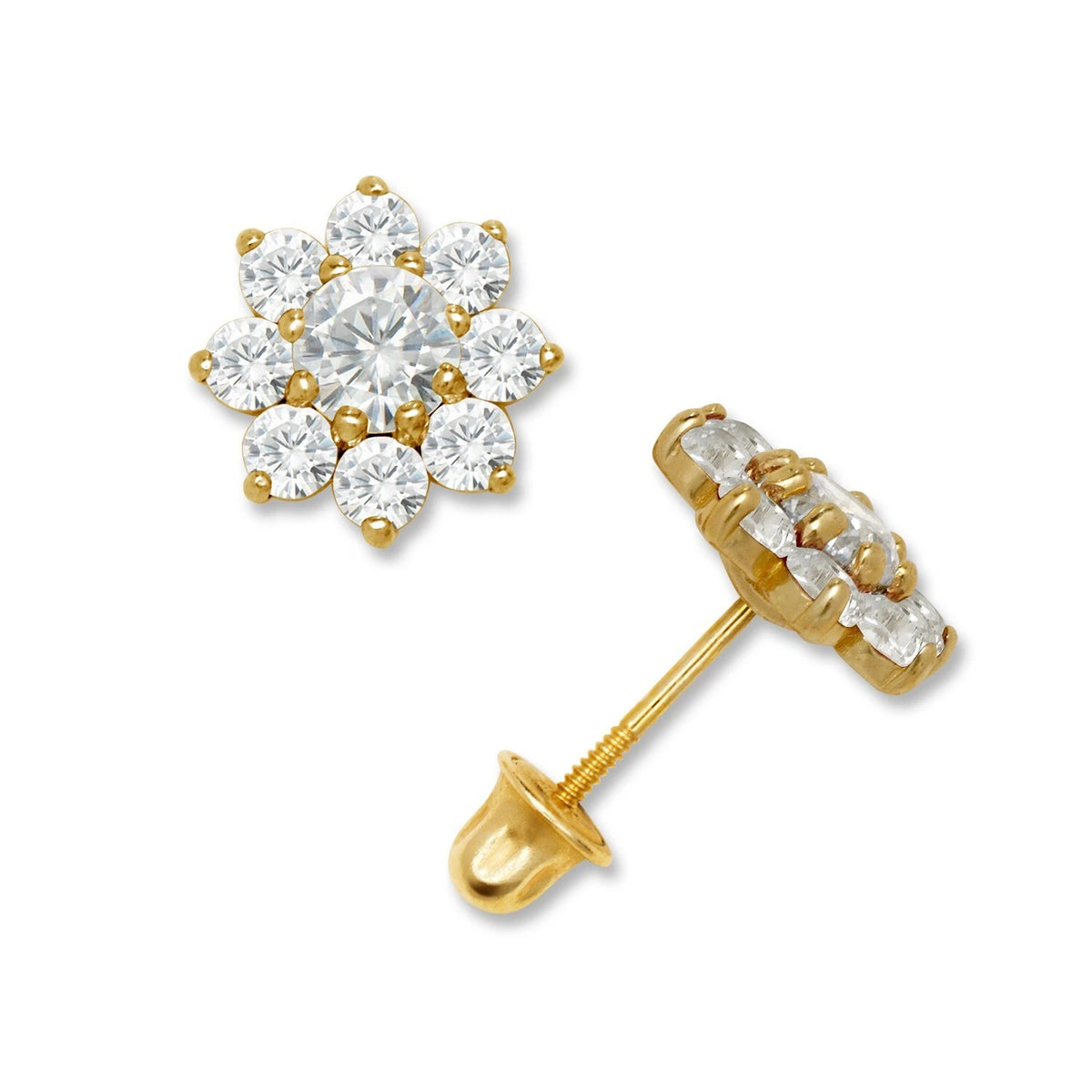 14K Yellow & White Gold Large Beautiful CZ Flower Stud Earrings for Women