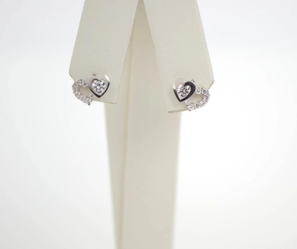 14K White Gold Double Heart Earrings