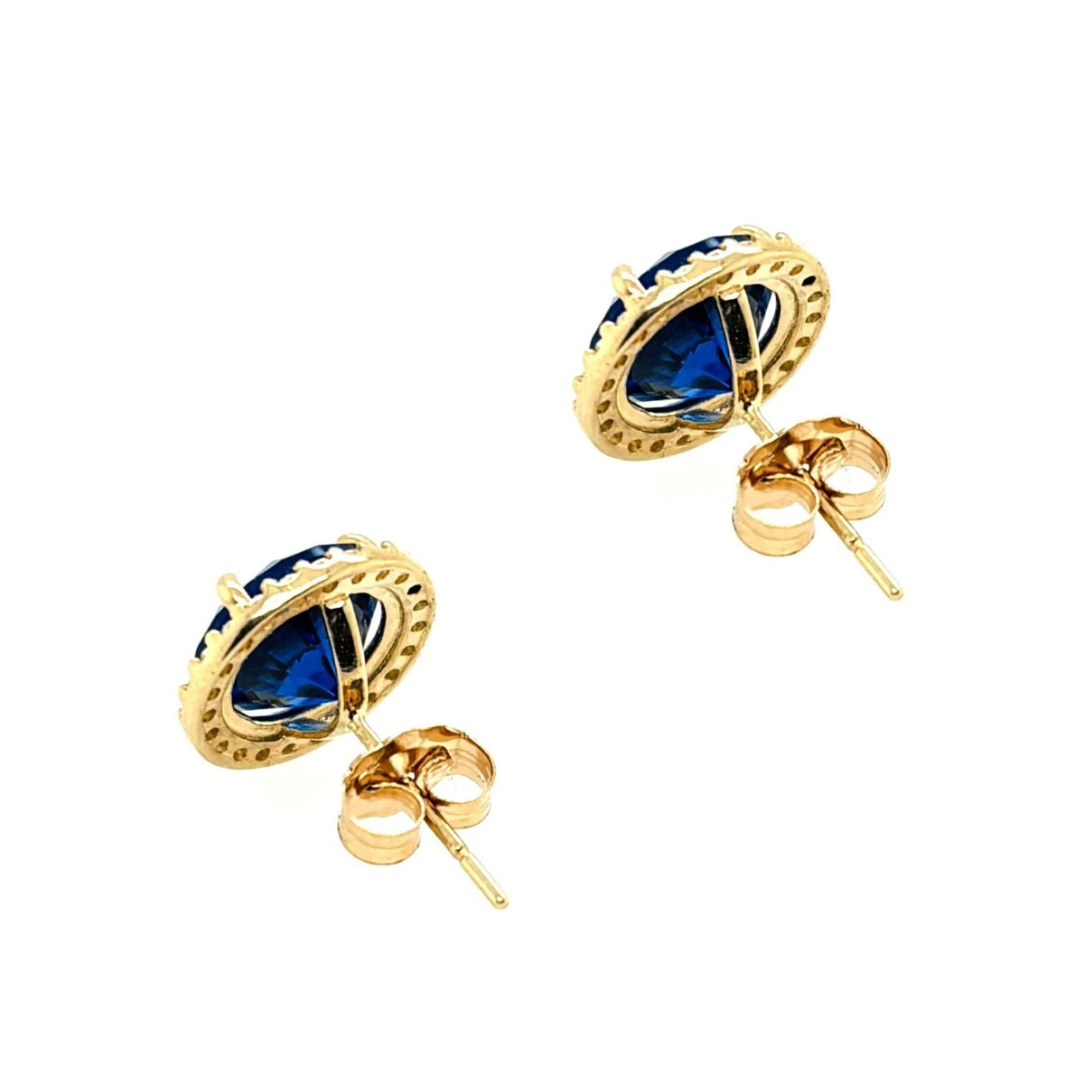 14K Solid Yellow Gold Halo Stud Push Back Sapphire Earrings